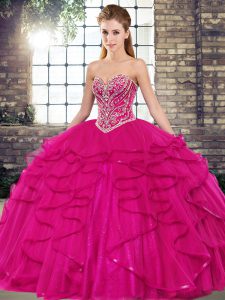 Floor Length Fuchsia Quinceanera Gown Tulle Sleeveless Beading and Ruffles