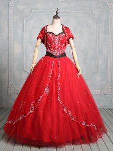 Floor Length Lace Up Sweet 16 Dress Red for Sweet 16 and Quinceanera with Embroidery