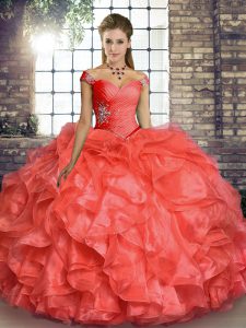 Floor Length Ball Gowns Sleeveless Coral Red 15th Birthday Dress Lace Up