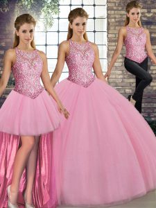 Pink Sleeveless Floor Length Embroidery Lace Up Quinceanera Gowns