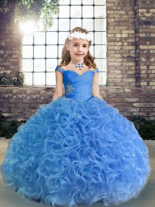 Beading and Ruching Little Girls Pageant Dress Wholesale Blue Lace Up Sleeveless Floor Length