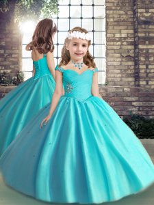 Affordable Baby Blue Ball Gowns Tulle Straps Sleeveless Beading and Ruching Floor Length Lace Up Little Girls Pageant Dress Wholesale