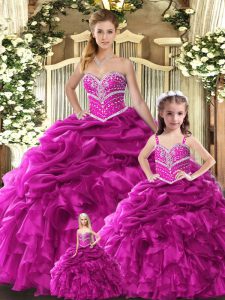 Modest Fuchsia Organza Lace Up Ball Gown Prom Dress Sleeveless Floor Length Beading and Ruffles