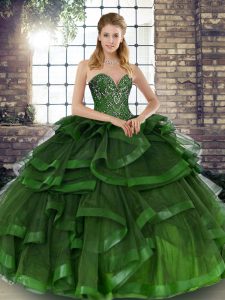 Sophisticated Green Vestidos de Quinceanera Military Ball and Sweet 16 and Quinceanera with Beading and Ruffles Sweetheart Sleeveless Lace Up