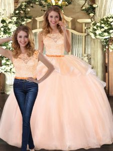 Sexy Sleeveless Organza Floor Length Zipper Quinceanera Gowns in Peach with Lace