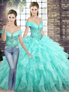 Aqua Blue Two Pieces Off The Shoulder Sleeveless Organza Brush Train Lace Up Beading and Ruffles Quince Ball Gowns