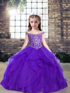 Charming Floor Length Purple Kids Formal Wear Organza Sleeveless Beading