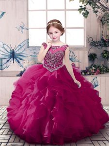 Fuchsia Child Pageant Dress Party and Sweet 16 and Wedding Party with Beading and Ruffles Scoop Sleeveless Zipper