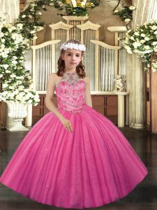 Nice Hot Pink Girls Pageant Dresses Party and Wedding Party with Appliques Halter Top Sleeveless Lace Up