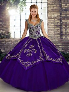 Romantic Purple Ball Gowns Tulle Straps Sleeveless Beading and Embroidery Floor Length Lace Up Quinceanera Gowns