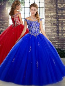 Royal Blue Ball Gowns Beading Sweet 16 Quinceanera Dress Lace Up Tulle Sleeveless Floor Length