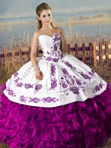 White And Purple Sleeveless Embroidery and Ruffles Floor Length 15th Birthday Dress