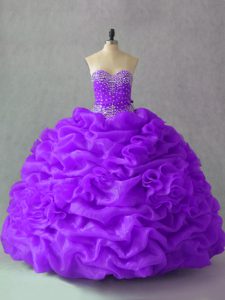 Modern Sleeveless Floor Length Beading and Pick Ups and Hand Made Flower Lace Up Vestidos de Quinceanera with Purple