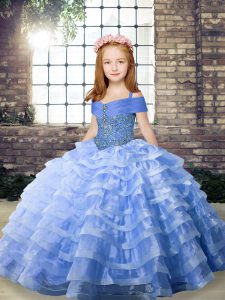 Straps Sleeveless Brush Train Lace Up Pageant Gowns For Girls Blue Organza