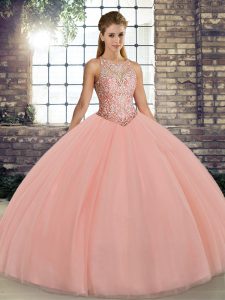 Peach Ball Gowns Embroidery 15 Quinceanera Dress Lace Up Tulle Sleeveless Floor Length