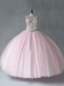 Gorgeous Floor Length Baby Pink 15 Quinceanera Dress Tulle Sleeveless Beading