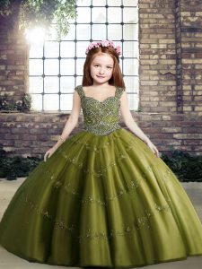 Sweet Olive Green Tulle Lace Up Straps Sleeveless Floor Length Child Pageant Dress Beading