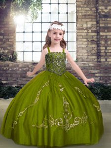 Olive Green Ball Gowns Straps Sleeveless Tulle Floor Length Lace Up Beading Kids Pageant Dress