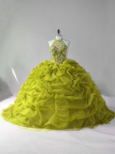 Olive Green Lace Up Sweet 16 Quinceanera Dress Beading and Pick Ups Sleeveless Court Train