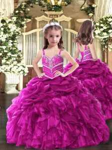 Sleeveless Floor Length Beading and Ruffles Lace Up Child Pageant Dress with Fuchsia