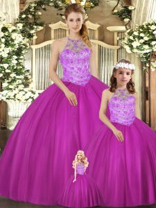 Beading Quince Ball Gowns Fuchsia Lace Up Sleeveless Floor Length