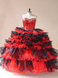 Gorgeous Sweetheart Sleeveless Lace Up Sweet 16 Quinceanera Dress White And Red Organza