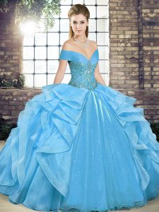 Excellent Baby Blue Organza Lace Up Sweet 16 Quinceanera Dress Sleeveless Floor Length Beading and Ruffles