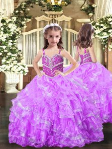 Perfect Straps Sleeveless Little Girls Pageant Dress Wholesale Floor Length Beading and Ruffles Lilac Organza