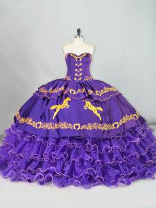 Purple Lace Up Vestidos de Quinceanera Embroidery and Ruffled Layers Sleeveless Brush Train