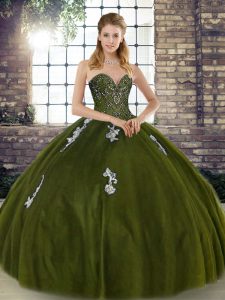 Eye-catching Ball Gowns Ball Gown Prom Dress Olive Green Sweetheart Tulle Sleeveless Floor Length Lace Up