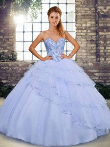 Simple Lavender Ball Gowns Tulle Sweetheart Sleeveless Beading and Ruffled Layers Lace Up 15 Quinceanera Dress Brush Train