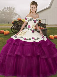 Fuchsia Ball Gowns Embroidery and Ruffled Layers Quinceanera Gowns Lace Up Tulle Sleeveless