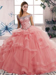 Tulle Sleeveless Floor Length 15th Birthday Dress and Beading and Ruffles