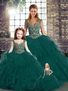 Admirable Peacock Green Sleeveless Beading and Ruffles Floor Length 15th Birthday Dress