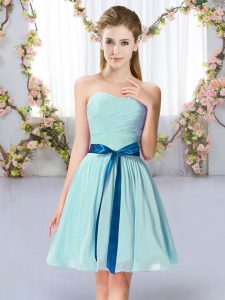 Mini Length Lace Up Vestidos de Damas Aqua Blue for Wedding Party with Belt