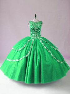 Sleeveless Tulle Floor Length Zipper Sweet 16 Quinceanera Dress in Green with Beading