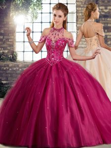 Sleeveless Beading Lace Up Quinceanera Dress with Fuchsia Brush Train