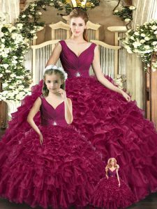 Dazzling Burgundy Sleeveless Beading and Ruffles Floor Length Ball Gown Prom Dress