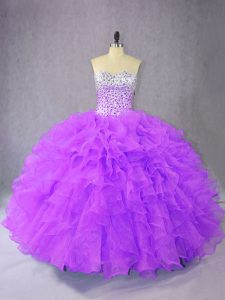 Best Selling Sleeveless Organza Floor Length Lace Up Sweet 16 Dresses in Purple with Beading and Ruffles