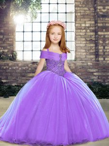 Custom Designed Ball Gowns Sleeveless Lavender Little Girl Pageant Dress Brush Train Lace Up