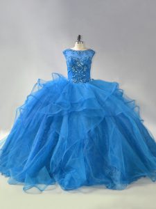 Blue Sleeveless Beading and Ruffles Lace Up Quince Ball Gowns