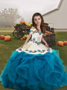 High End Blue Lace Up Straps Embroidery and Ruffles Kids Pageant Dress Organza Sleeveless