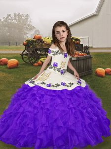 Purple Organza Lace Up Straps Sleeveless Floor Length Kids Formal Wear Embroidery and Ruffles