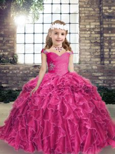 Trendy Sleeveless Lace Up Floor Length Beading and Ruffles Girls Pageant Dresses