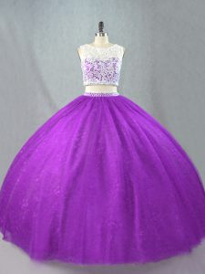 Latest Tulle Scoop Sleeveless Zipper Beading Quinceanera Gown in Purple