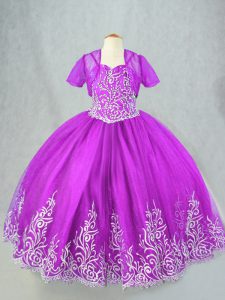 Spaghetti Straps Sleeveless Tulle Little Girl Pageant Gowns Beading and Embroidery Lace Up