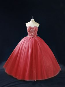 Lovely Red Sweet 16 Quinceanera Dress Tulle Sleeveless Beading