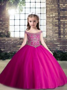 Floor Length Fuchsia Little Girls Pageant Dress Sweetheart Sleeveless Lace Up