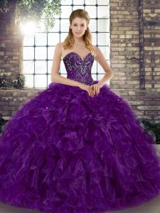 Organza Sweetheart Sleeveless Lace Up Beading and Ruffles Sweet 16 Quinceanera Dress in Purple