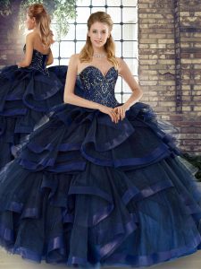 Floor Length Navy Blue 15 Quinceanera Dress Sweetheart Sleeveless Lace Up